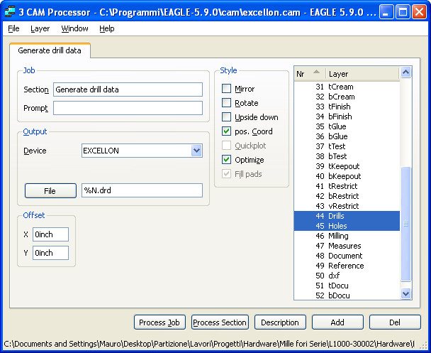 Eagle: Finestra di dialogo per ottenere il file Excellon