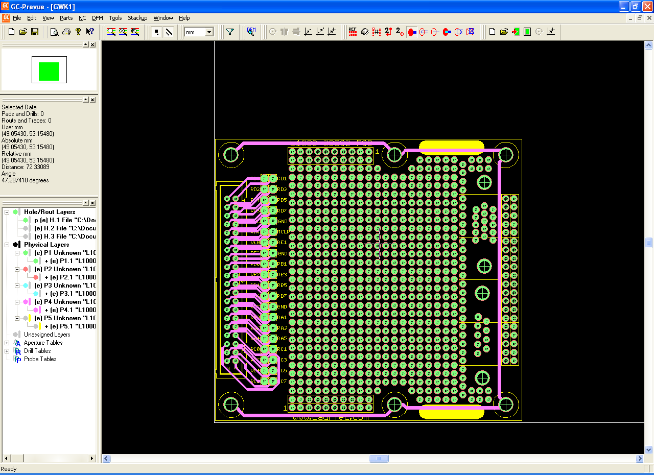 Visualizzazione dei file Gerb274x per mezzo del programma GC-Prevue (tValue disattivo)