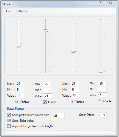 Figura 5: Finestra Sliders integrata in RS232 Terminal 