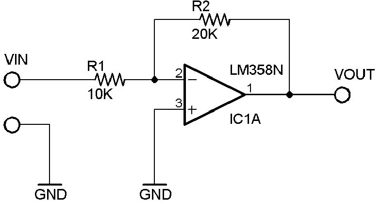 Figura 1: Amplificatore a guadagno -2, ottenuto per mezzo di un amplificatore operazionale in configurazione invertente (G=-R2/R1)