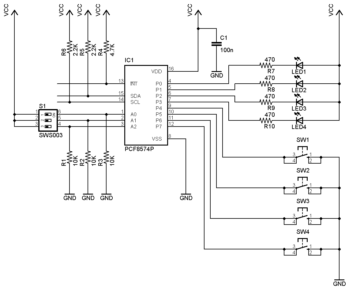 Figura 6: Schema di esempio d'utilizzo di un PCF8574 con 4 pin usati come ingressi