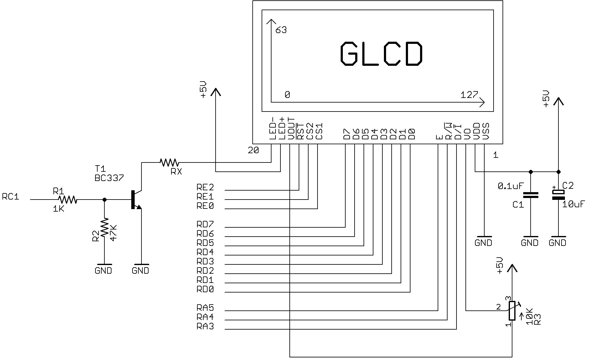 Figura 6:  Schema elettrico per testare la libreria GLCD per controllore KS0108B