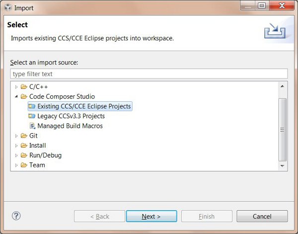 Figura 10: Importare un progetto in Code Composer Studio