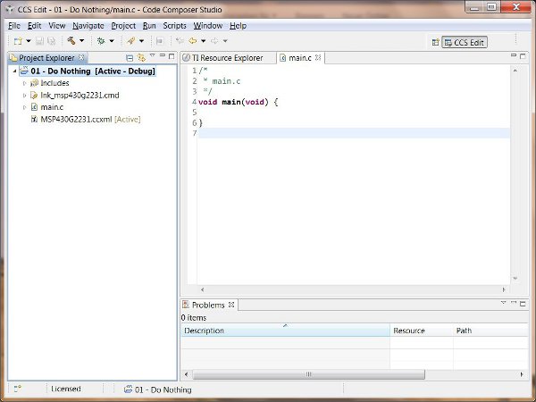 Figura 8: Schermata di Code Composer Studio dopo aver creato il progetto