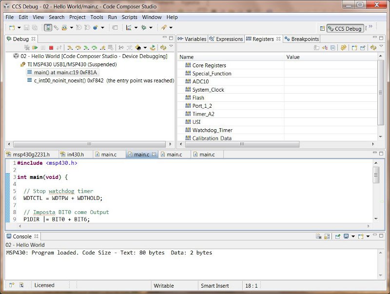 Figura 1: Schermata di Debug Code Composer Studio.